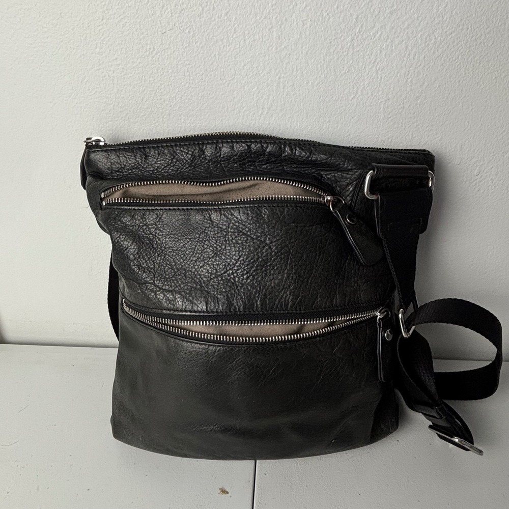 Margot Black Pebbled Leather Crossbody Bag Multi Zipper Adjustable Strap Travel - Picture 9 of 10